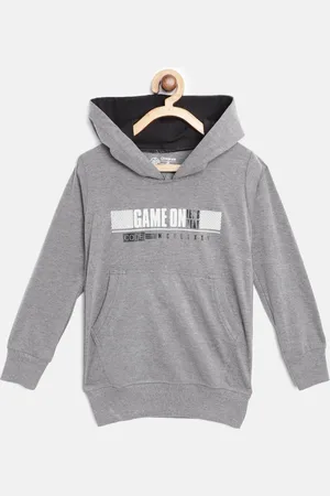 Chimprala Kids Grey Melange & White Printed Cotton Hooded Antimicrobial Sweatshirt