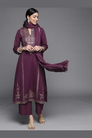 Biba Women Purple & Golden Printed Pure Cotton Kurta with Palazzos & Dupatta