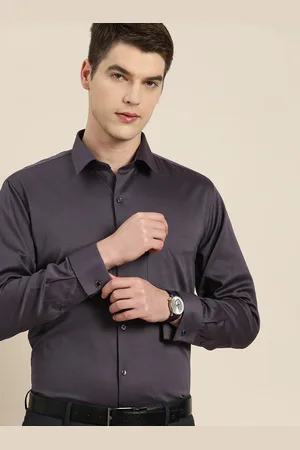 HANCOCK Men Charcoal Grey Self Design French Cuff Pure Cotton Slim Fit Formal Shirt