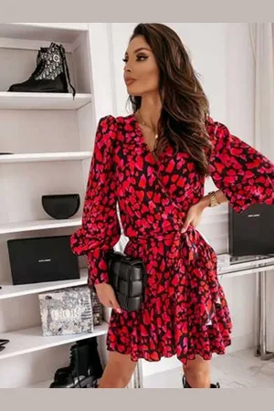 HERE&NOW Women Abstract Printed V-neck Cuffed Sleeves Fit & Flared Mini Dress
