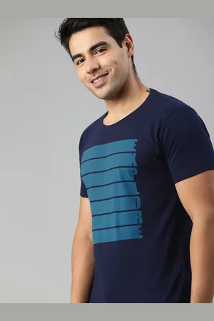 HERE&NOW HERENOW Men Navy Blue Striped Round Neck Pure Cotton T-shirt