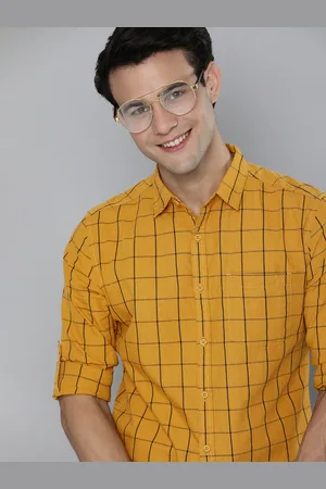 HERE&NOW Men Mustard Yellow & Black Slim Fit Windowpane Checks Pure Cotton Casual Shirt