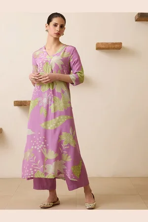 DIVASTRI Floral Printed V-Neck A-Line Kurta With Trouser