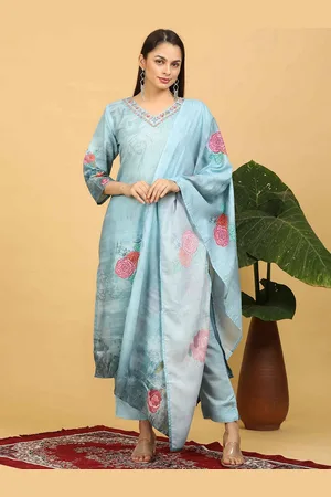 Goldstroms Women Floral Embroidered Regular Linen Kurta with Trousers & With Dupatta