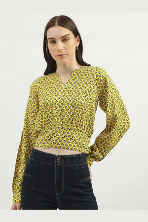 Benetton Floral Printed Smocking Cuffed Sleeves Cotton Crop Top