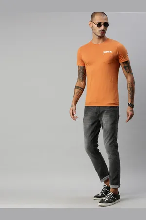 WROGN Men Orange & White Printed Slim Fit T-shirt