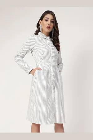CENTRESTAGE Women White Striped Polyester Shirt Dress