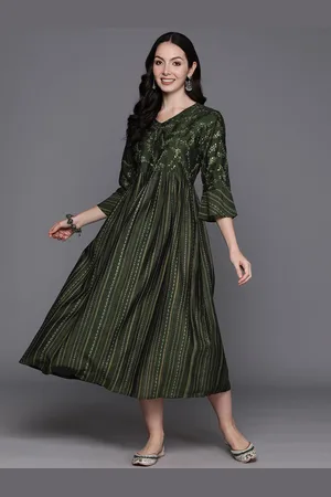 Indo Era Floral Embroidered Sequinned Bell Sleeves A-Line Midi Ethnic Dress