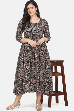 DIVASTRI Floral Printed Round Neck Pleated Anarkali Cotton Kurta