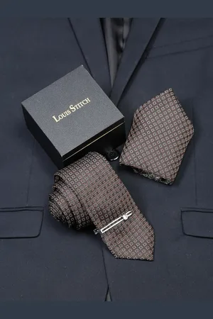 LOUIS STITCH Men Chocolate Brown Italian Silk Necktie Accessory Gift Set