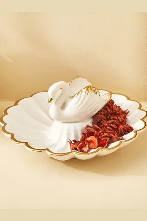 Home Centre White and GoldToned Ceramic Swan Shaped Food Platter
