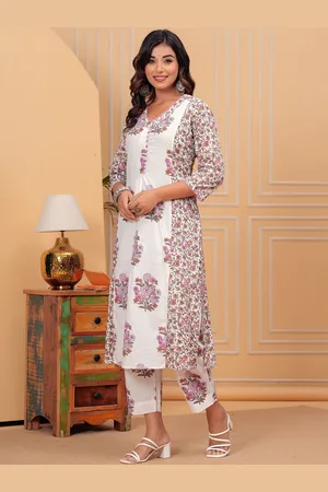 EtnicaWear Women Floral Yoke Design Regular Thread Work Pure Cotton Kurta with Trousers