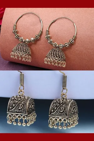 NVR Women Set of 2 Gold Plated Oxidised Contemporary Jhumka Earrings