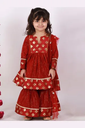 Little Bansi Girls Maroon Brocade Pure Cotton Kurta with Sharara & Dupatta