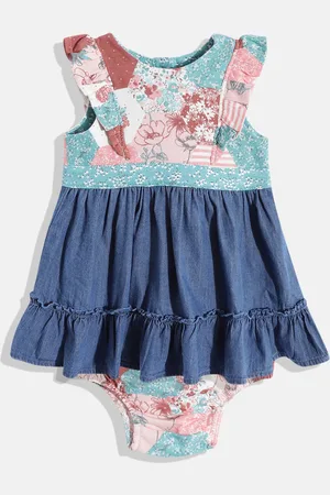 Mothercare Infant Girls Blue Floral Tiered Cotton Chambray Fit & Flare Dress Briefs