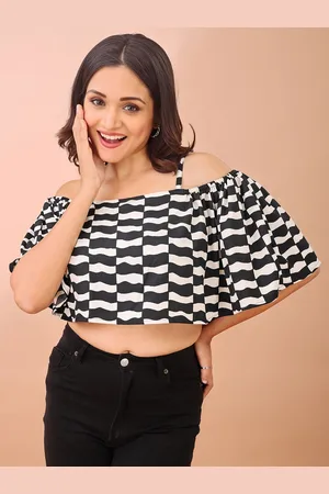 DressBerry Geometric Print Flared Sleeve Crepe Tube Crop Top