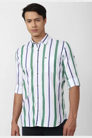 Peter England Men White & Green Slim Fit Striped Cotton Casual Shirt