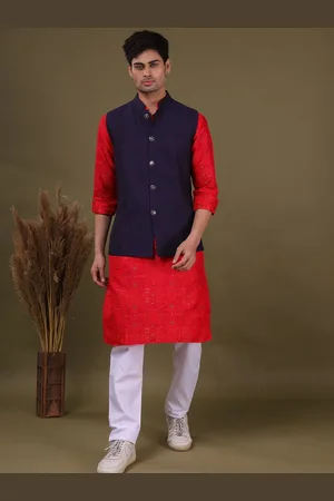 SHIWAM ETHNIX Ethnic Motifs Printed Cotton Silk Straight Kurta & Pyjama With Nehru Jacket