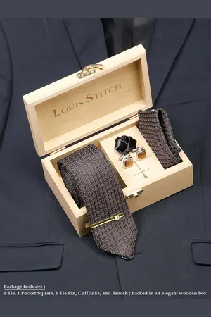 LOUIS STITCH Men Self Design Italian Silk Necktie Accessory Gift Set