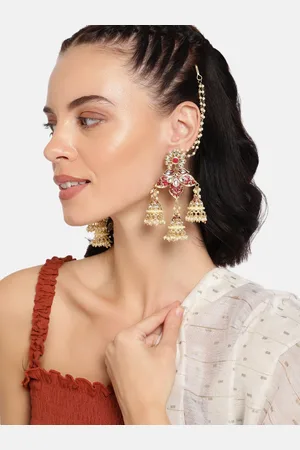 I Jewels Maroon Gold-Plated Enamelled Dome Shaped Jhumkas with Earchains