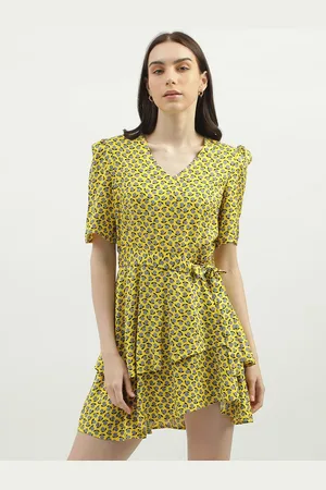 Benetton Floral Printed Puff Sleeves Layered Fit & Flare Dress With Belt