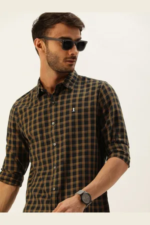 SINGLE Men Mustard And Navy Blue Slim Fit Tartan Checked Pure Cotton Casual Shirt
