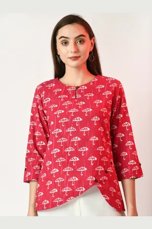Sangria Geometric Printed Keyhole Neck Pure Cotton Regular Top