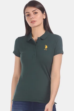 U.S. Polo Assn. Women Green Solid Polo Collar T-shirt