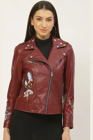 Leather Retail Women Maroon Embroidered Lightweight Biker Jacket