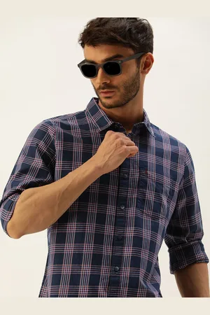 SINGLE Men Navy Blue And Red Slim Fit Checked Pure Cotton Casual Shirt