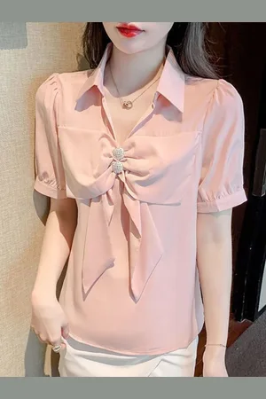 HERE&NOW Women Shirt Collar Short Sleeves Solid Top