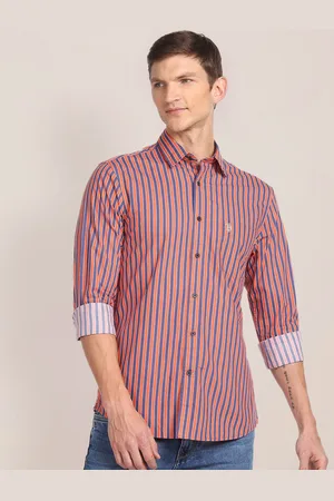 U.S. Polo Assn. Men Orange & Navy Blue Tailored Fit Striped Casual Shirt