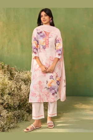 Indo Era Women Floral Printed Regular Beads and Stones Linen Kurta with Trousers & With Dupatta