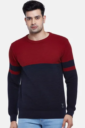 PEOPLE Men Red & Navy Blue Colourblocked Pullover