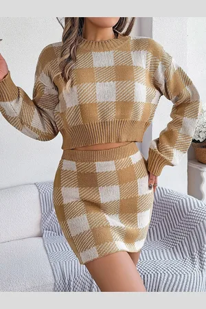 HERE&NOW Checked Round Neck Top with Skirt