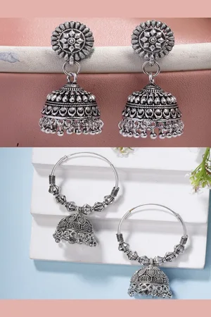 NVR Women Set of 2 Silver Plated Traditional Oxidized Jhumka Earrings