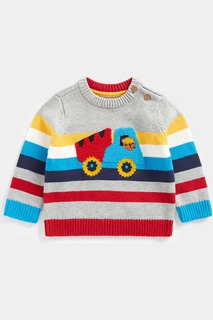Mothercare Boys Grey & Red Striped Pure Cotton Pullover Sweater with Applique Detail