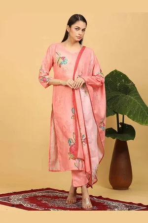Goldstroms Women Floral Printed Regular Linen Kurta with Trousers & With Dupatta