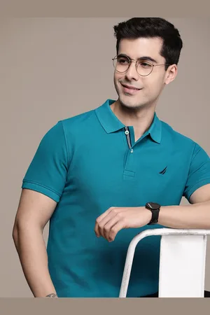 Nautica Men Teal Blue Solid Polo Collar Pure Cotton T-shirt