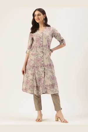 Amukti Floral Printed A-Line Linen Kurta