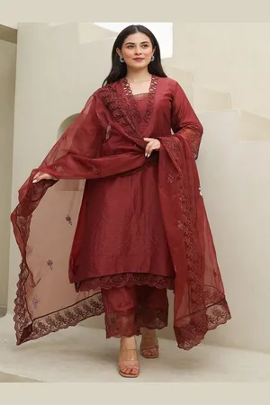 ASRUMO Women Embroidered Regular Thread Work Chanderi Silk Kurta with Trousers & With Dupatta