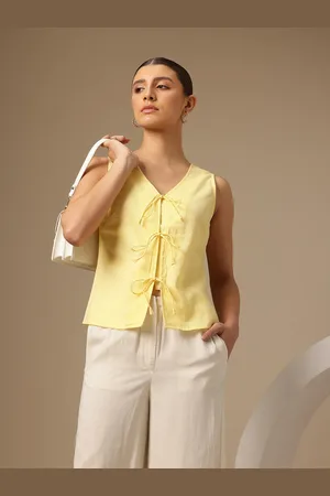 Chemistry Linen Blend Top With Bow Detail