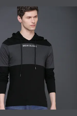 WROGN Men Charcoal Grey Black Colourblocked Slim Fit Hood Pure Cotton T-shirt