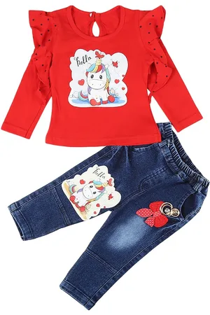 V-Mart Kids Red & Blue Printed Cotton Top with Trousers