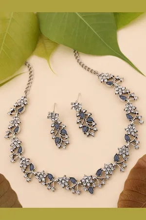 Brado Jewellery Oxidised Silver-Plated AD-Studded Necklace & Earrings Set