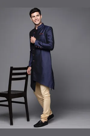 MANU Men Navy Blue & Beige Woven Design Sherwani Set