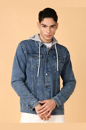 V-Mart Men Hooded Typography Printed Denim Casual Jacket