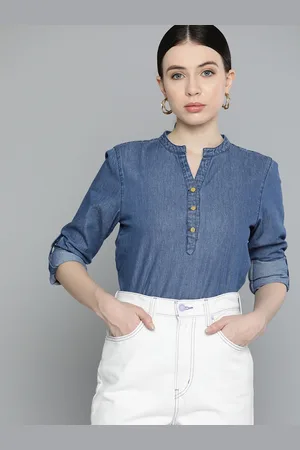 Chemistry Mandarin Collar Roll-Up Sleeves Cotton Denim Top