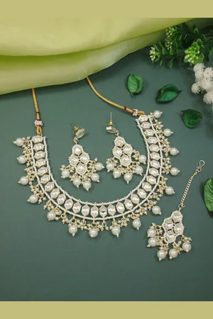 I Jewels Gold-Plated Traditional Kundan Necklace With Earrings & Maang Tikka Set