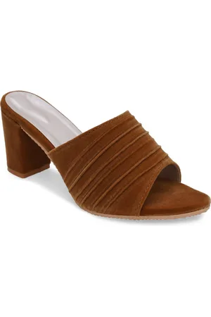 Misto Women Tan Brown Striped Suede Block Heels